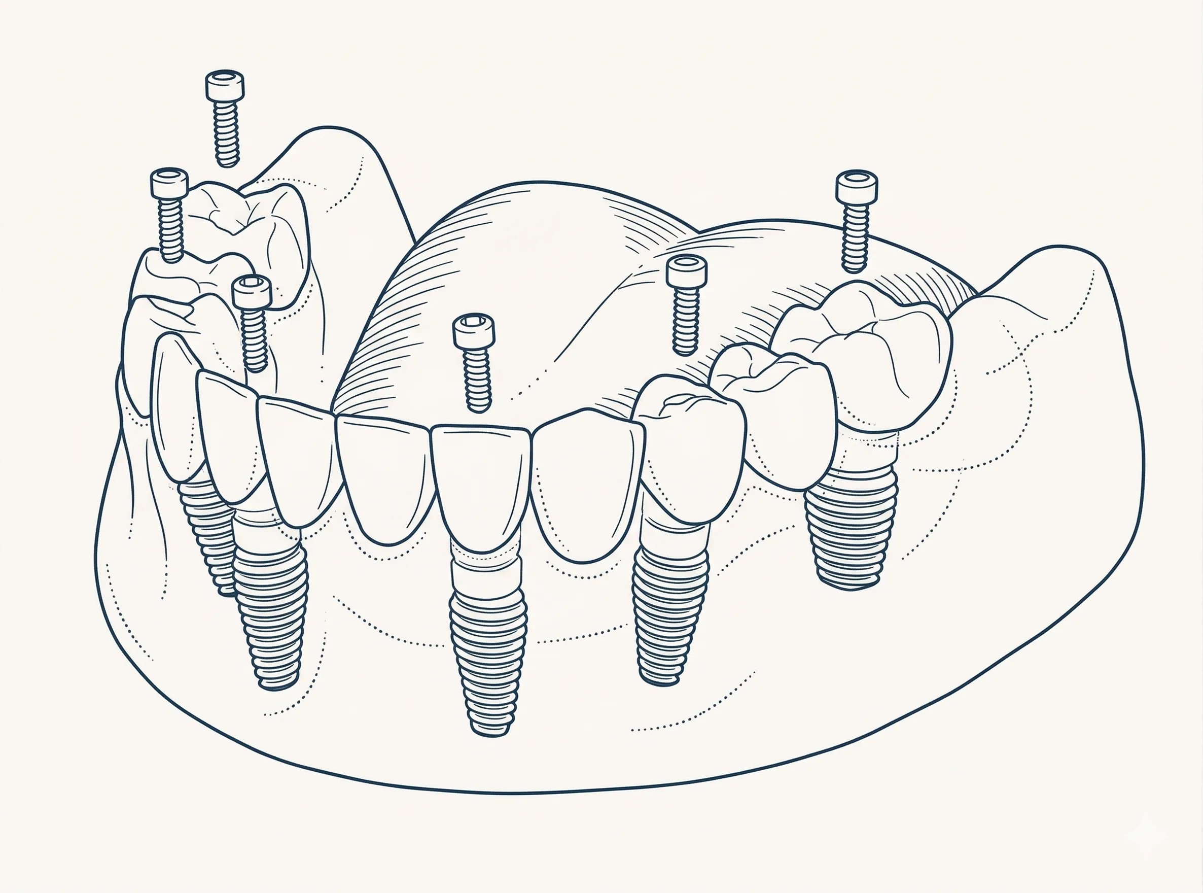 All-on-4 / All-on-X dental implant procedure diagram — cross-section showing implant posts anchored in jawbone supporting a full-arch restoration
